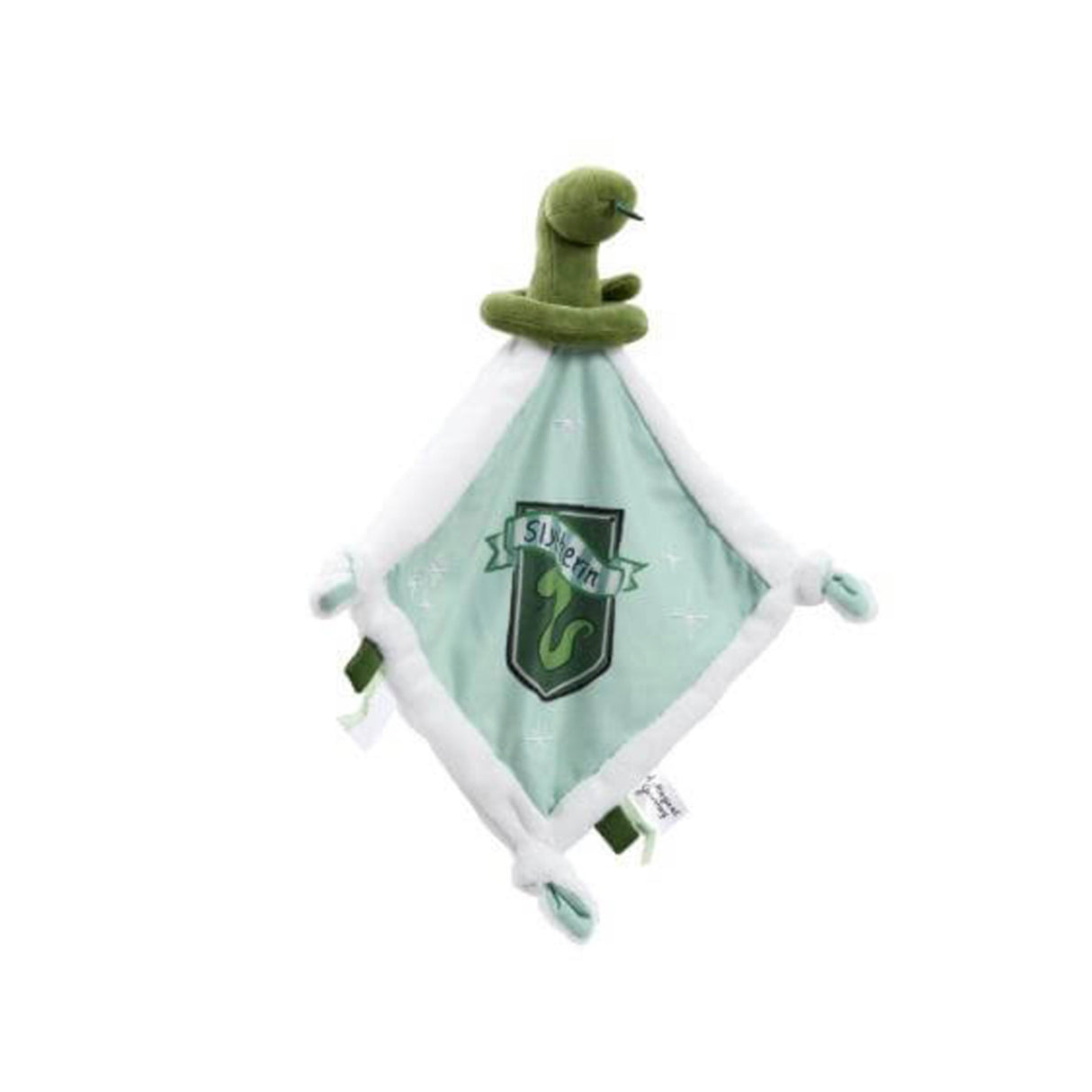 A plush Slytherin comfort blanket with a green and white color scheme, featuring a snake design, Slytherin crest, and embroidered stars.