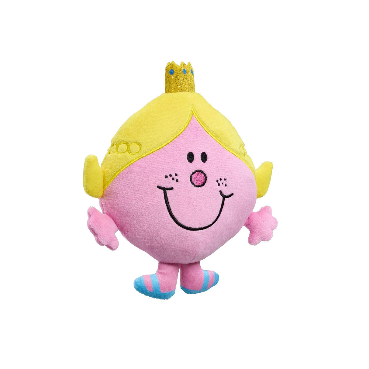 Plush pink soft toy with a smiling face, yellow hair, and a gold sparkly crown on a white background