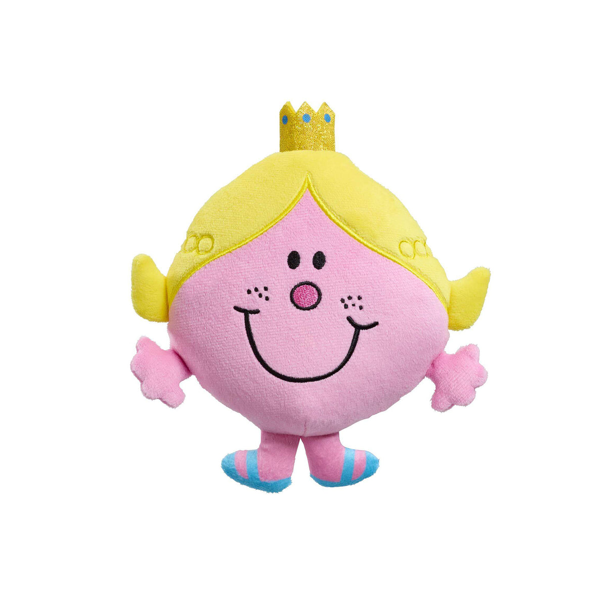 Plush pink soft toy with a smiling face, yellow hair, and a crown on a white background