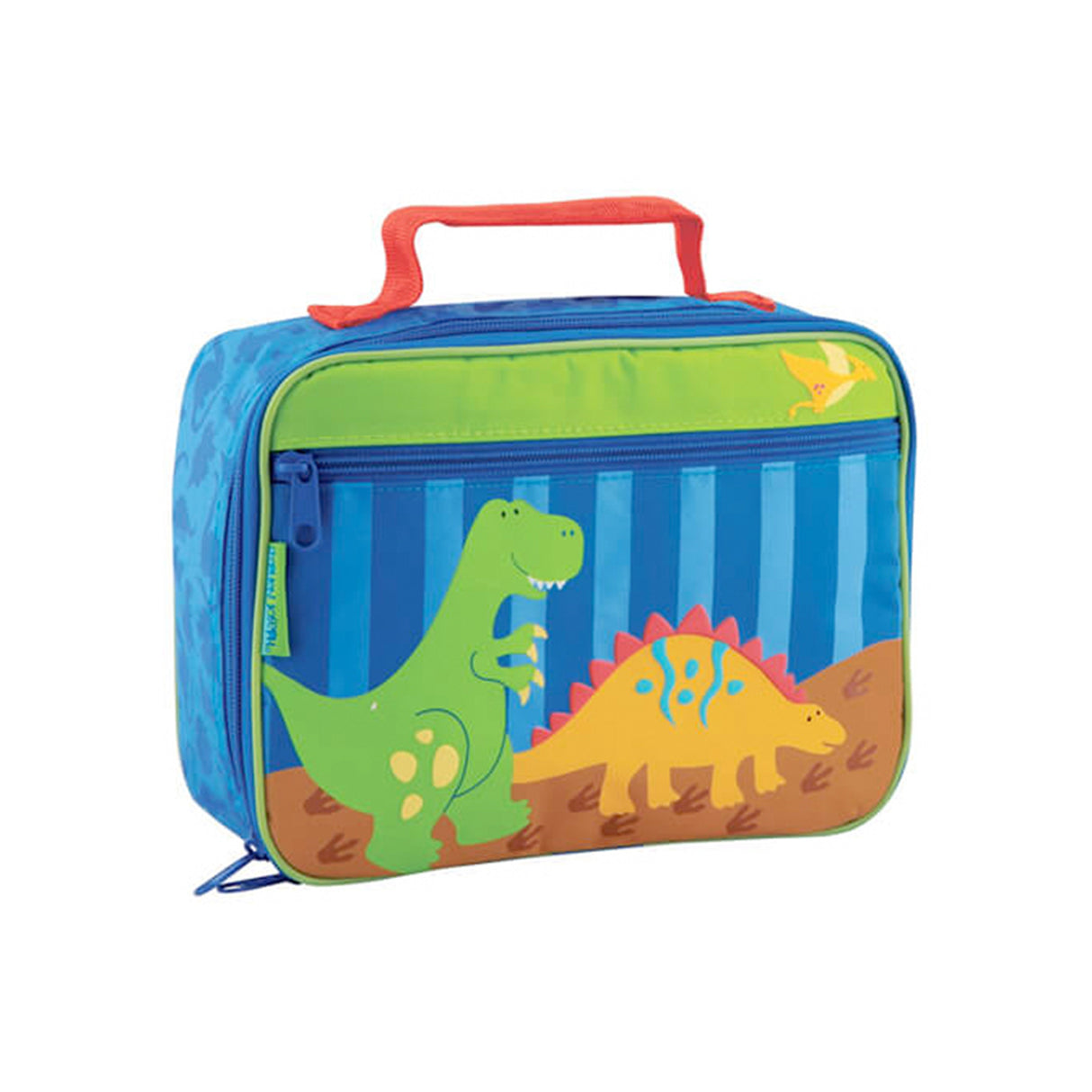 Insulated lunch box with dinosaur print, featuring a green T-Rex and a yellow dinosaur on a blue striped background, with a red carry handle.