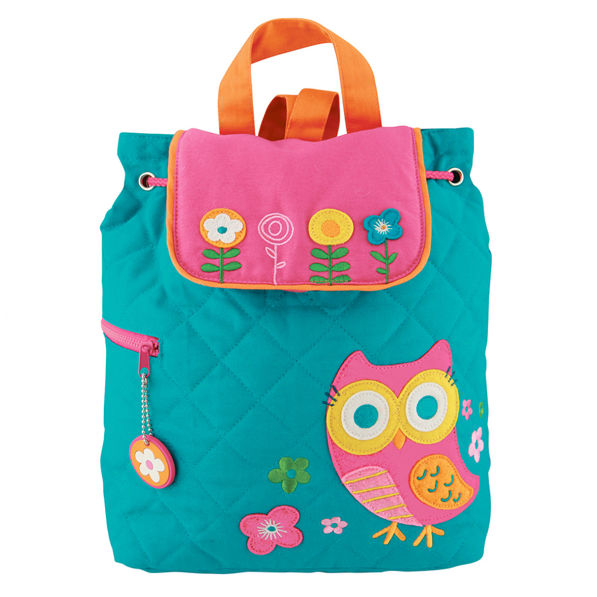 A quilted backpack with a colorful owl and flowers embroidery on a teal background. The backpack has orange straps and a pink flap closure.