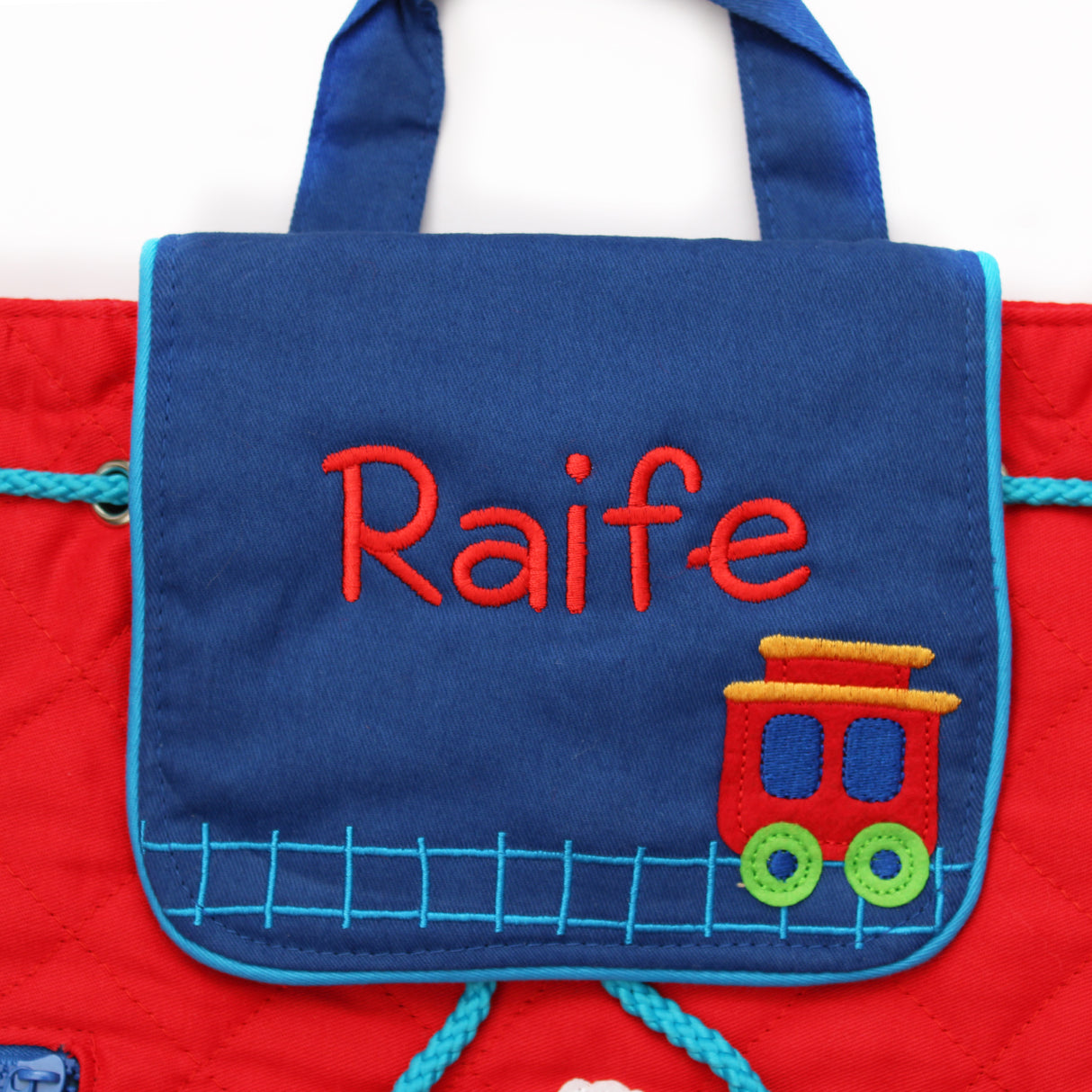 Colourful Personalised train themed childrens backpack