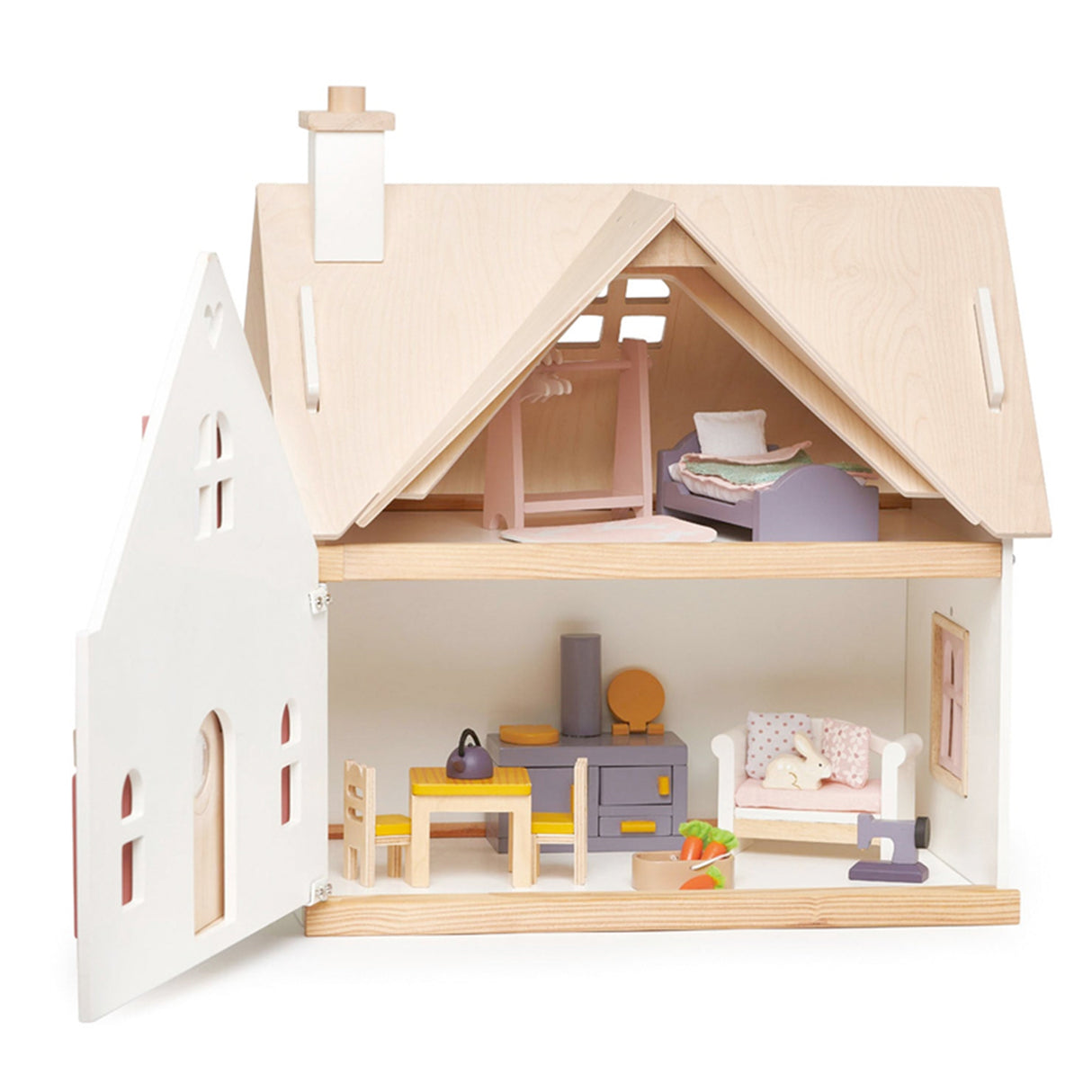 Childrens Wooden dollhouse with open door showing interior furniture and decor.