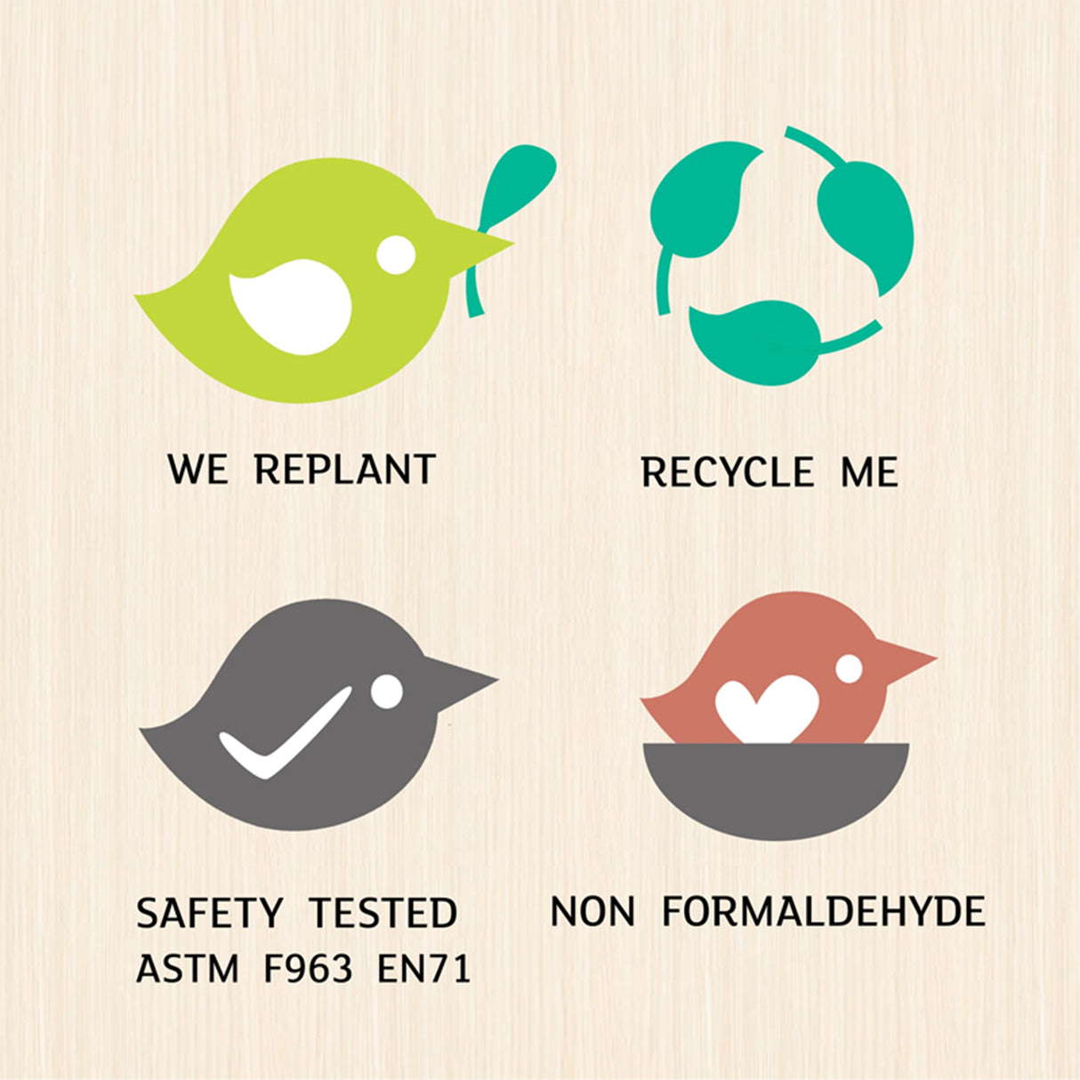 Set of environmental and safety icons with text on a beige background
