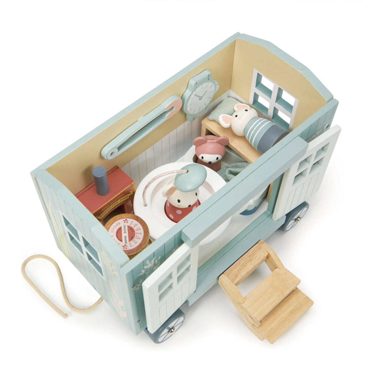 Wooden toy Shepherd Hut and accessories on a white background