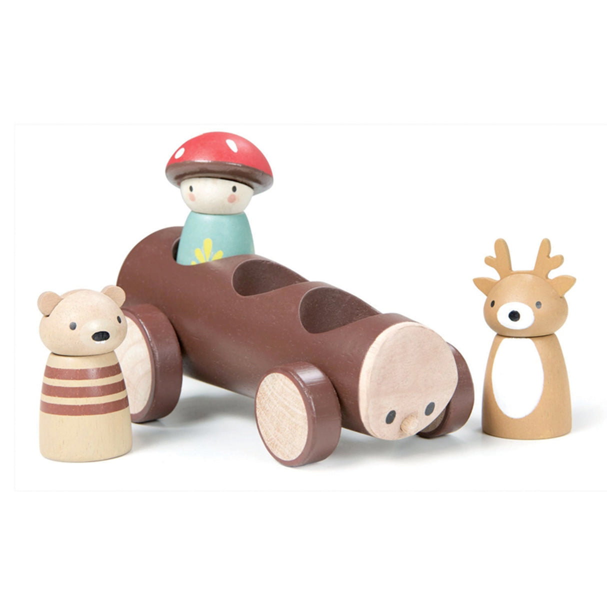 Wooden toy set with a log-shaped car, bear, mushroom, and deer on a white background