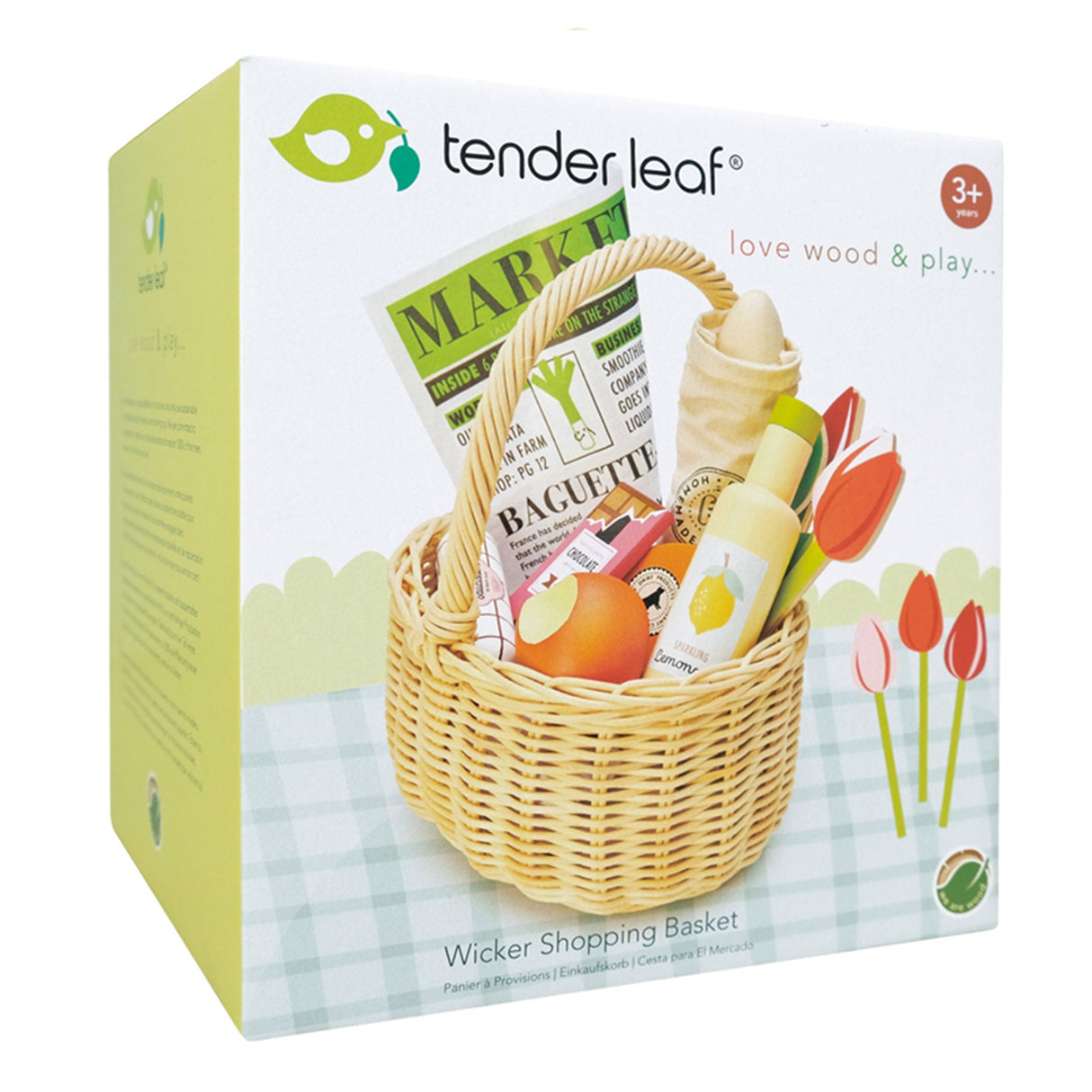 Tender Leaf Wicker Shopping Basket toy set packaging with basket and toys on a white background