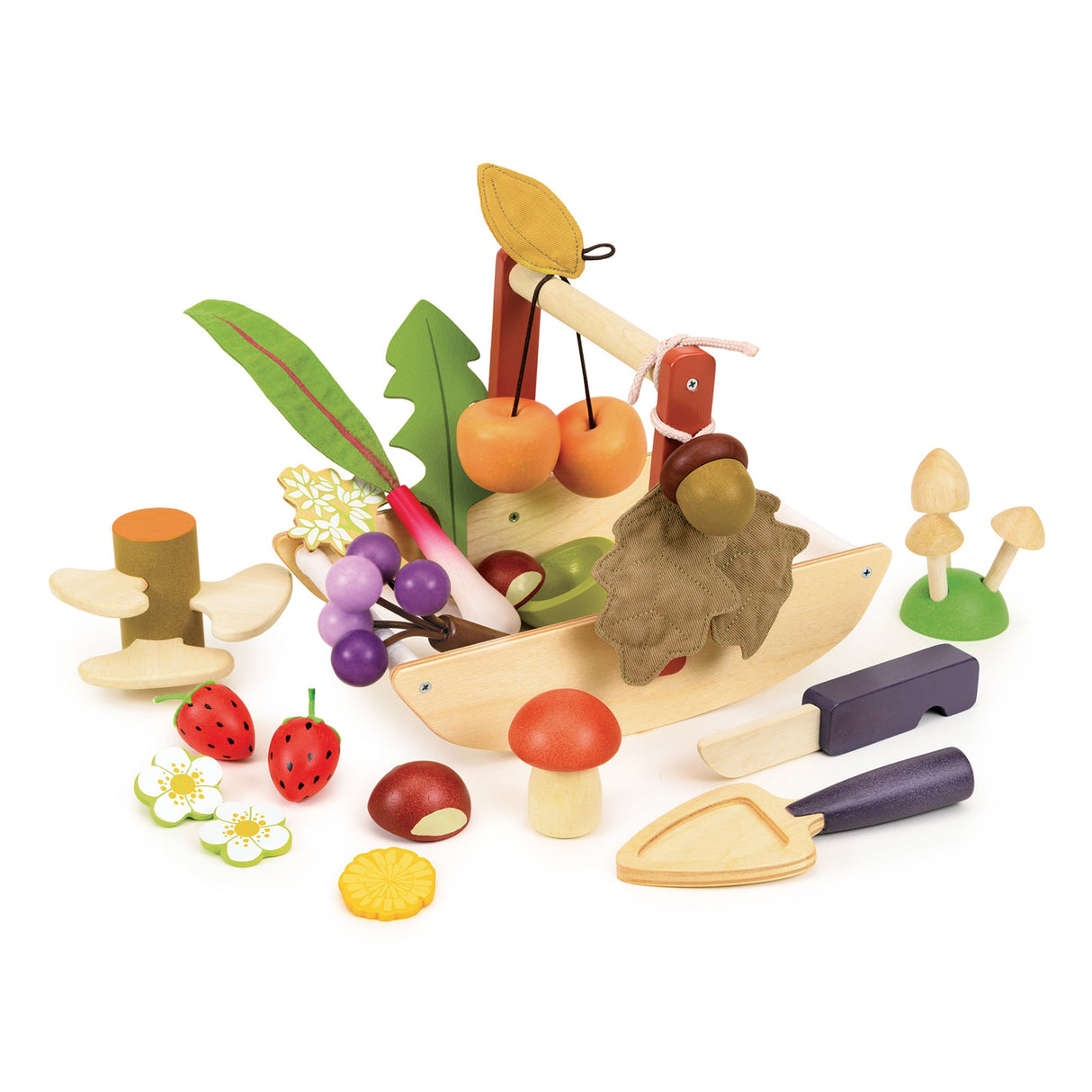Set of wooden toy wild berries, roots, leaves, mushrooms and flowers along with a wooden trug and tools on a white background