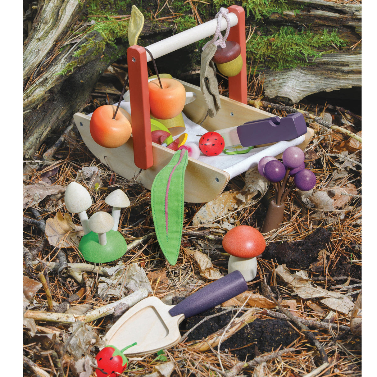 Toy fruit stand with fruits and roots on a natural woody background