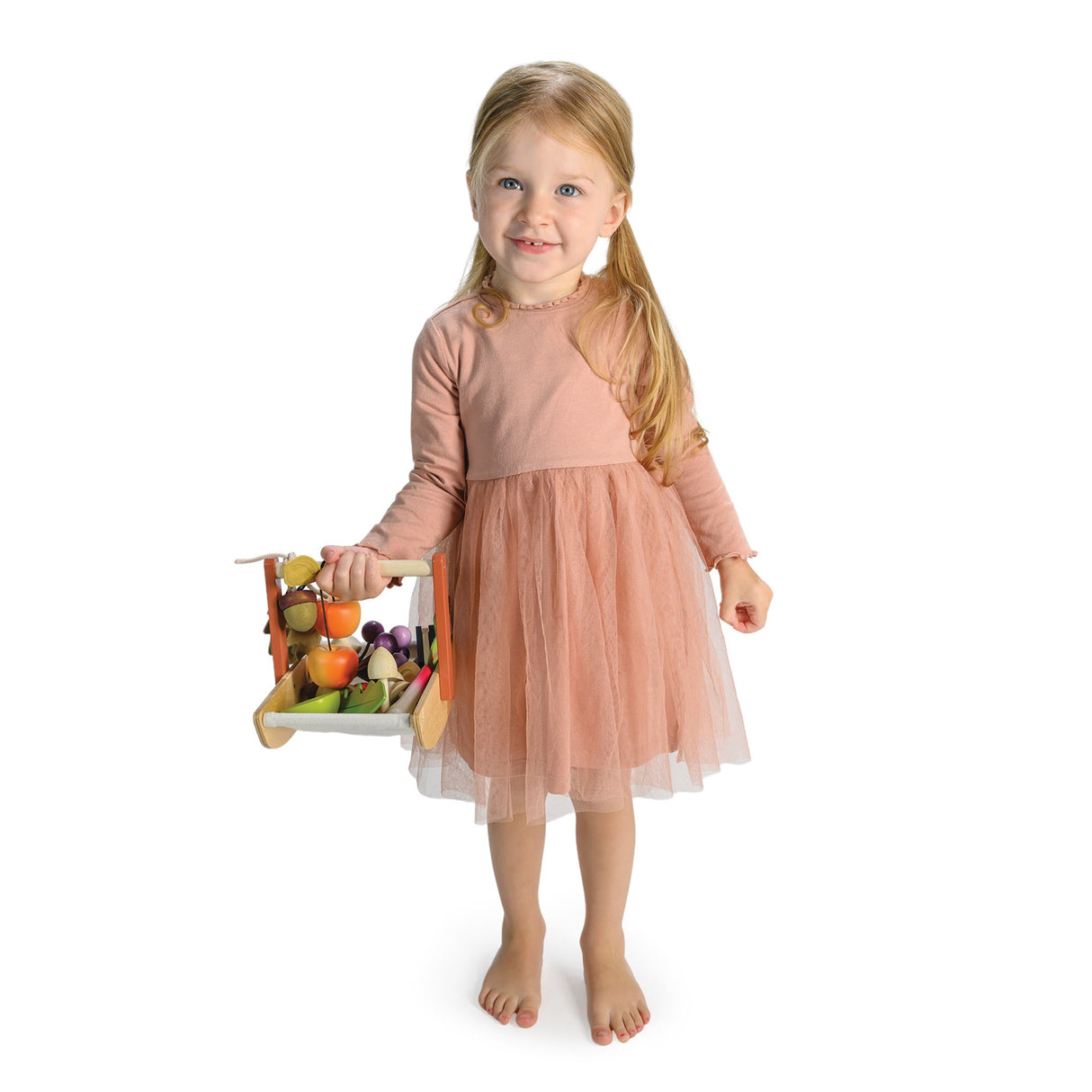Young girl in a pink dress holding a set of wooden toy wild berries, roots, leaves, mushrooms and flowers in with a wooden trug on a white background