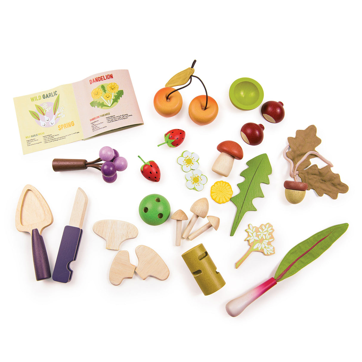 Set of wooden toy wild berries, roots, leaves, mushrooms and flowers along with a wooden trug and tools on a white background