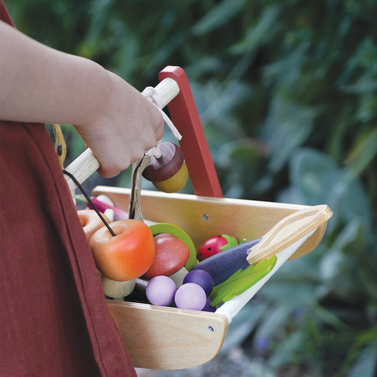 Child's hand holding a wooden toy trug filled with colourful wooden berries and mushrooms against a blurred green background.
