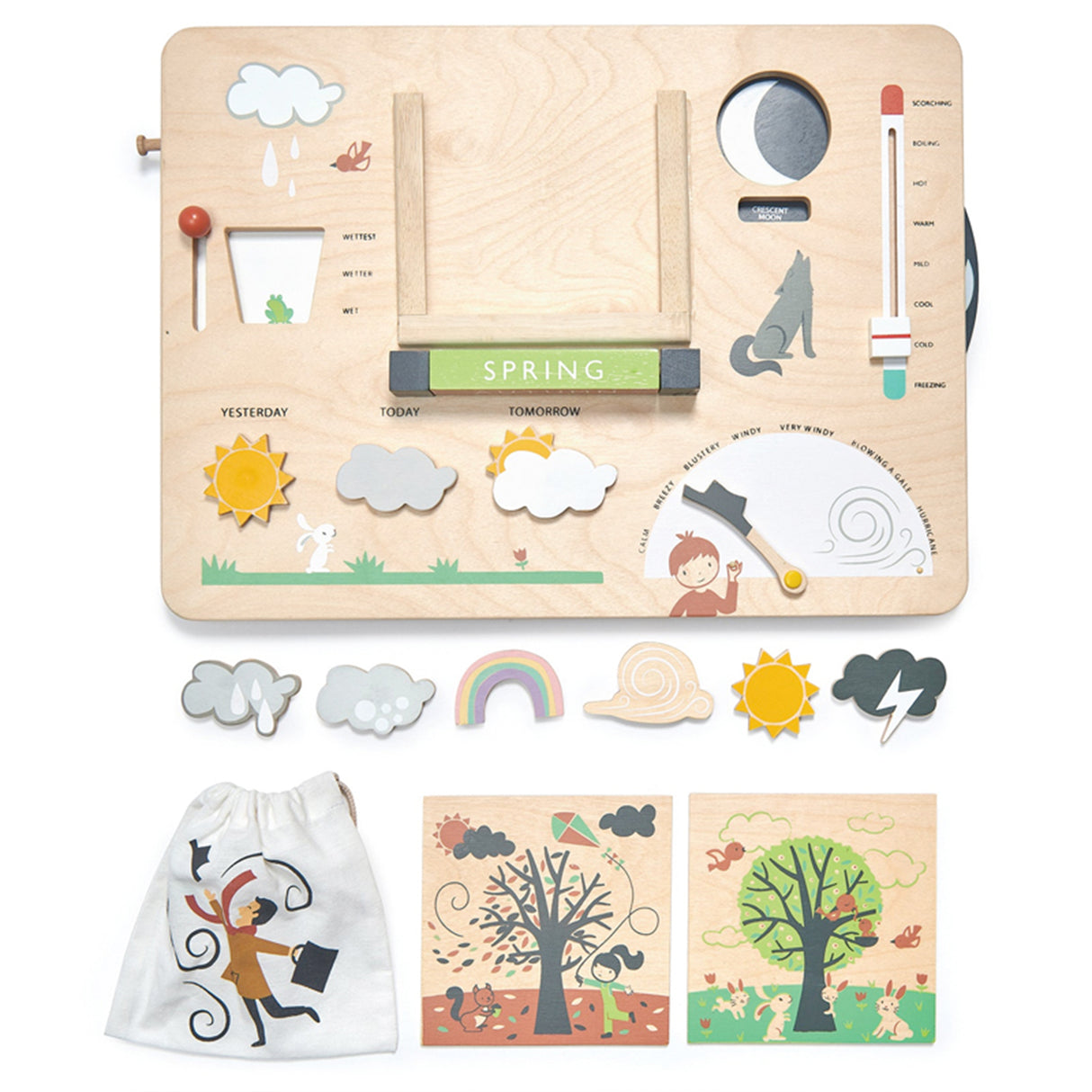Wooden educational board with weather and nature-themed elements, accompanied by small cards and a drawstring bag.