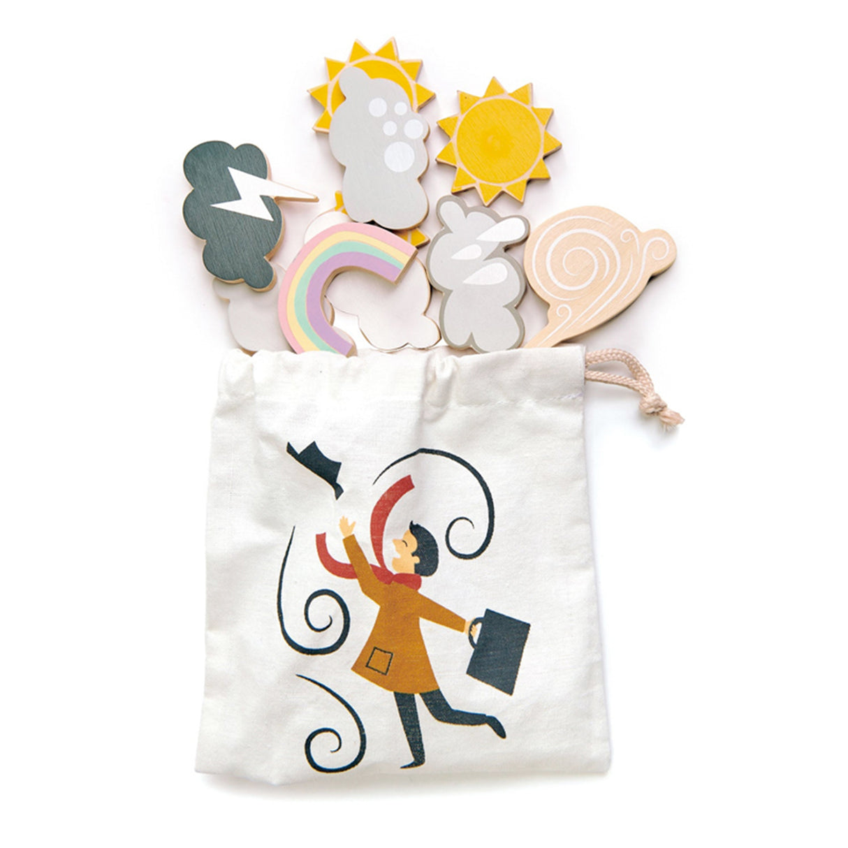 Set of weather-themed wooden toys with a drawstring bag featuring a design of a person with a suitcase.