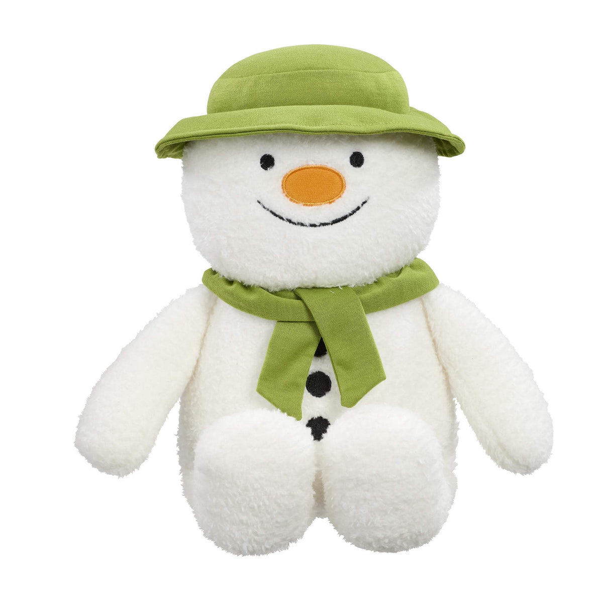 Plush The Snowman toy with a green hat and scarf, orange round nose and a smile on a white background