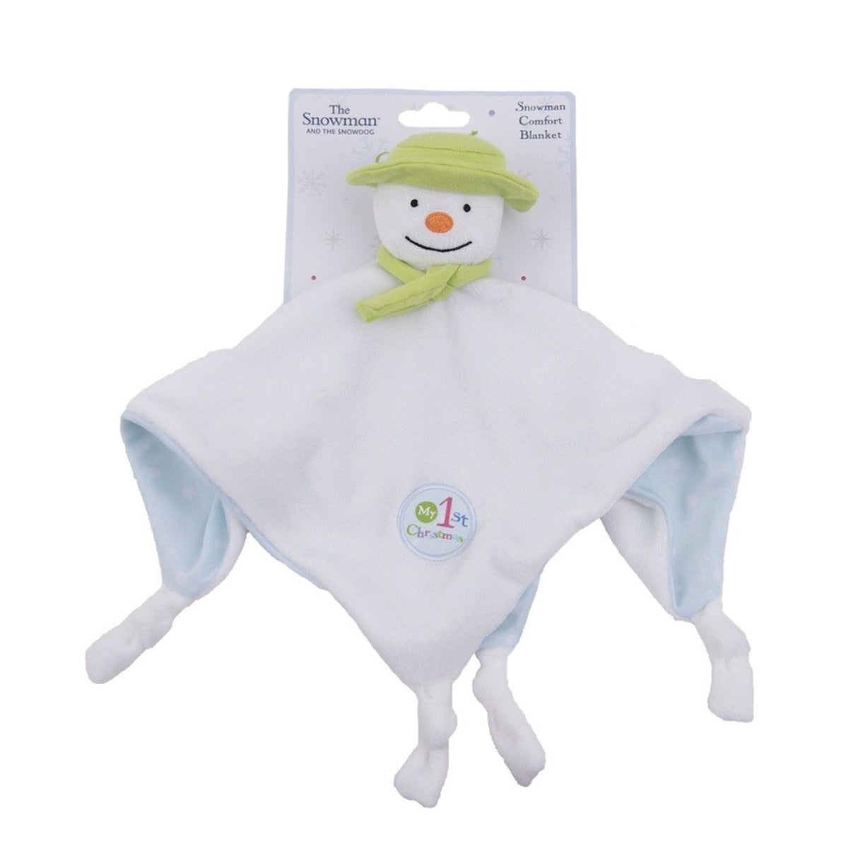 A plush toy resembling a snowman with a green hat and scarf, white blanket body, and an orange nose,