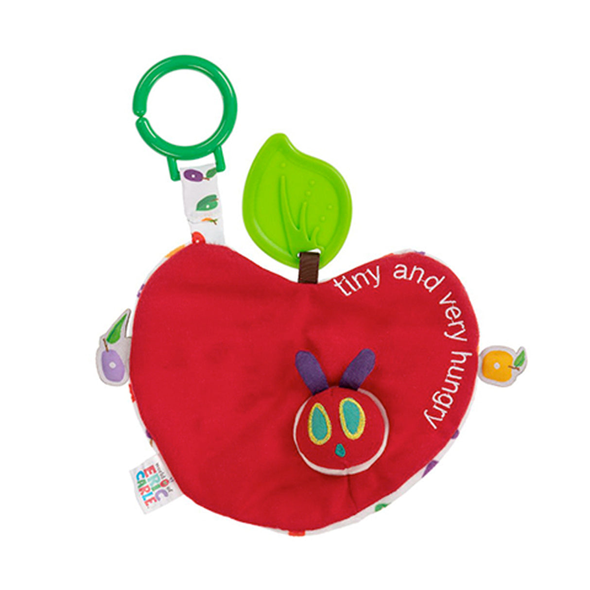 The Very Hungry Caterpillar themed comfort er for babies, a red activity apple shape with a plush caterpillar face peeking out.