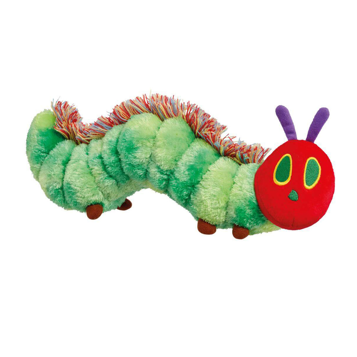 Plush the very hungry caterpillar toy with a red face on a white background