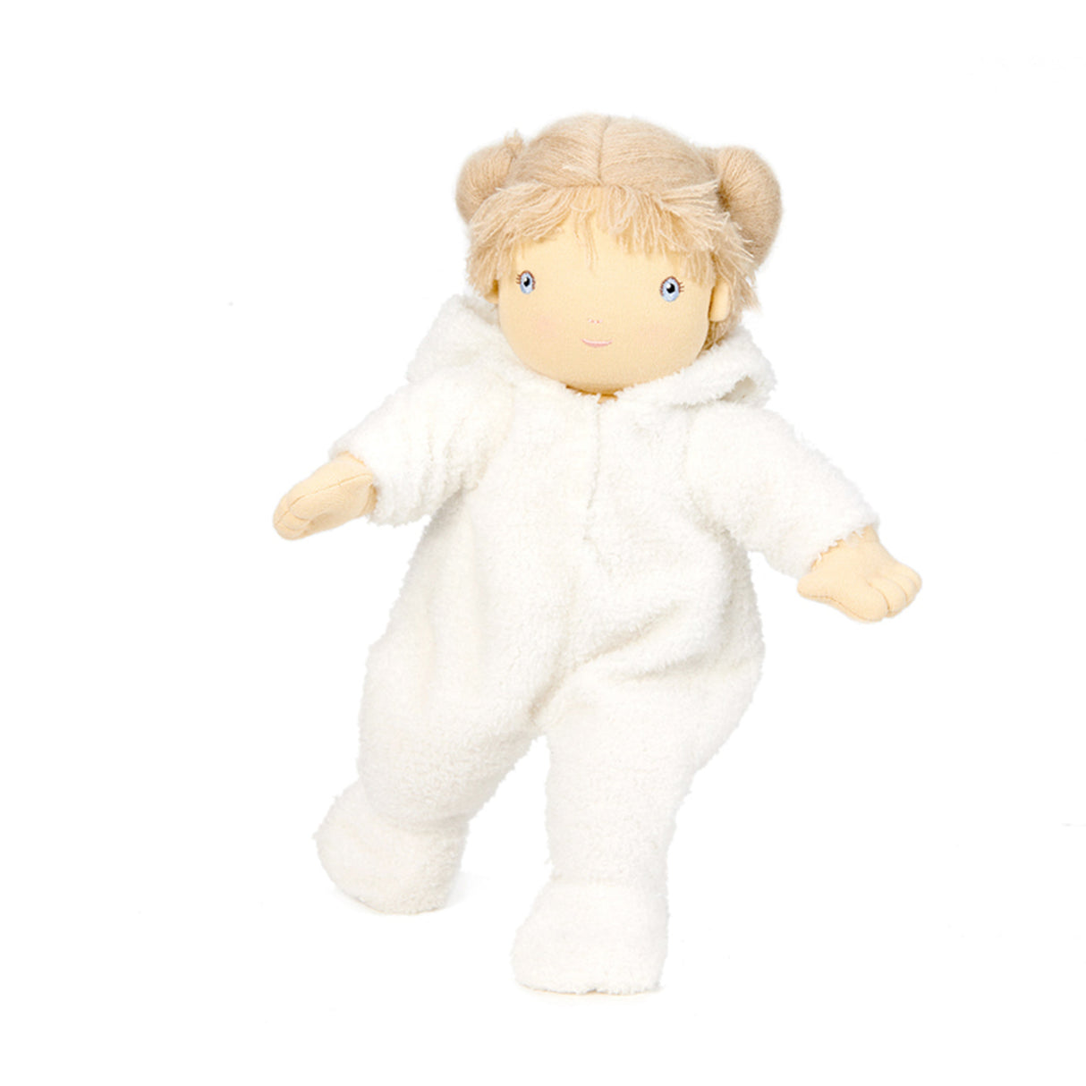Plush baby doll with blonde hair wearing a white onesie on a white background