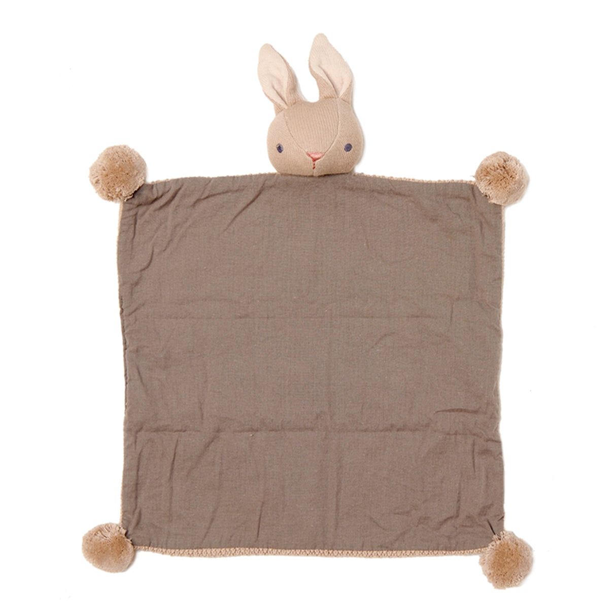 Brown plush blanket with a bunny head and pom-pom ears on a white background