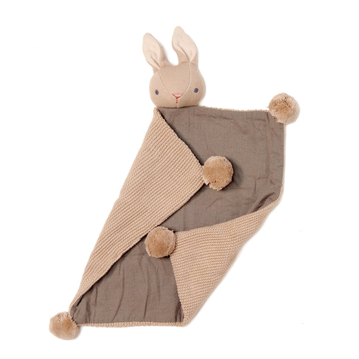 Knitted baby comfort blanket with a rabbit-shaped plush toy on a white background