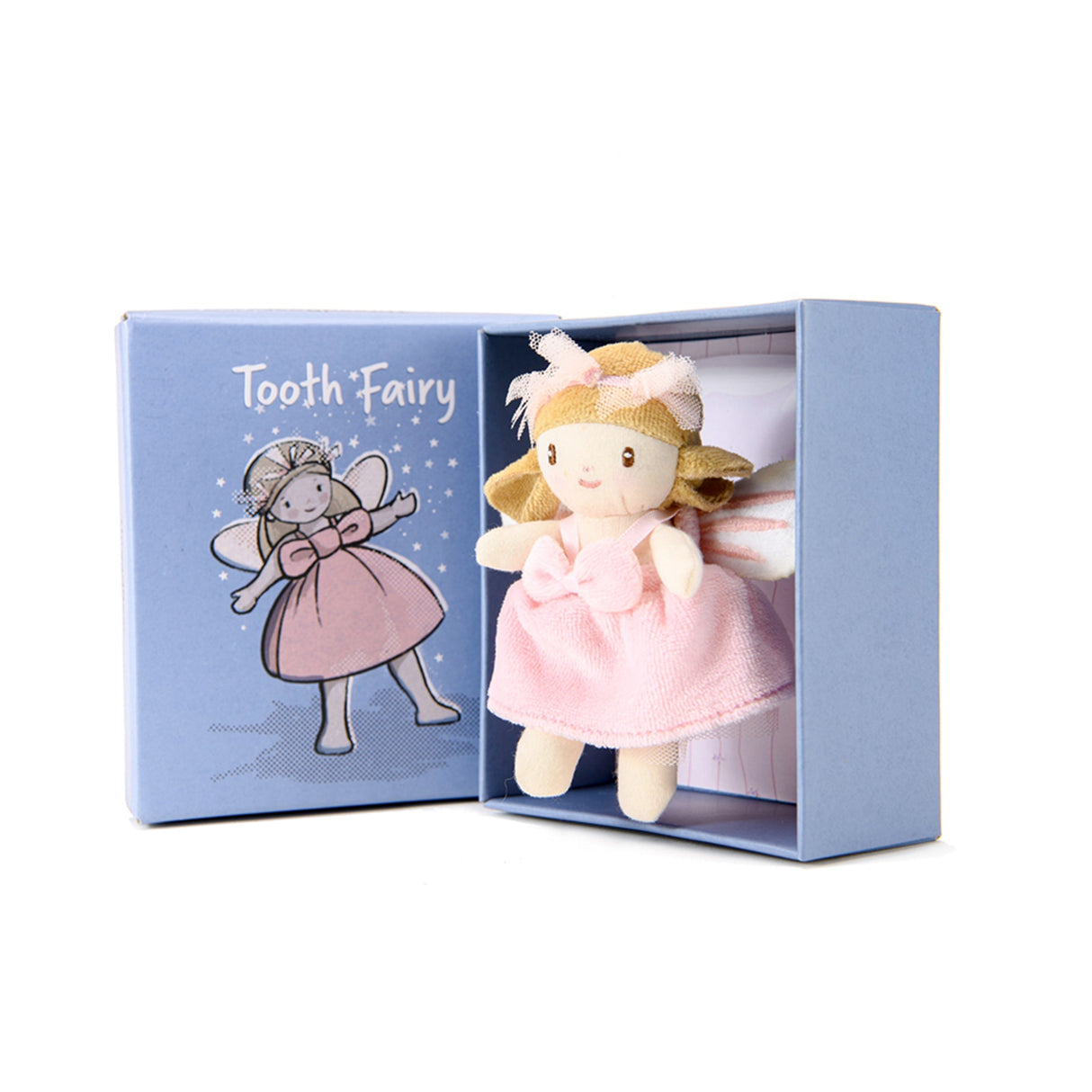 A plush toy designed like the tooth fairy, with a pink dress and embroidered wings, displayed in an open blue box with a illustration of the tooth fairy on the cover.