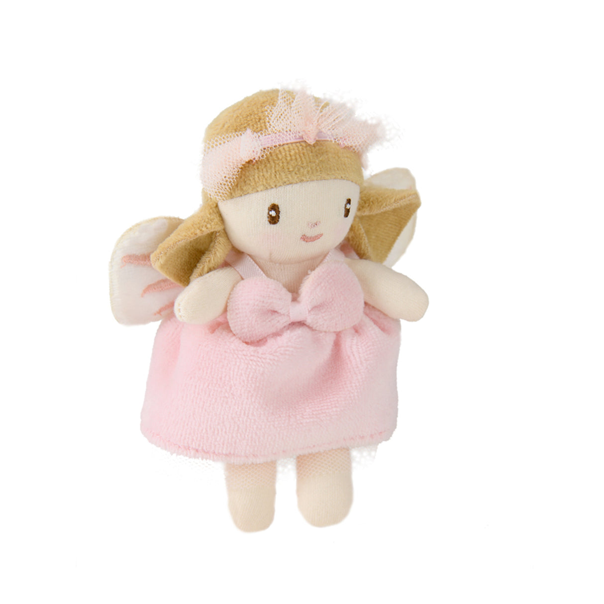 A plush toy designed like the tooth fairy, with a pink dress and embroidered wings,