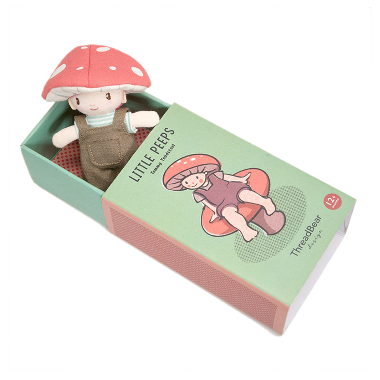 Toy figure with mushroom hat in open packaging on a white background
