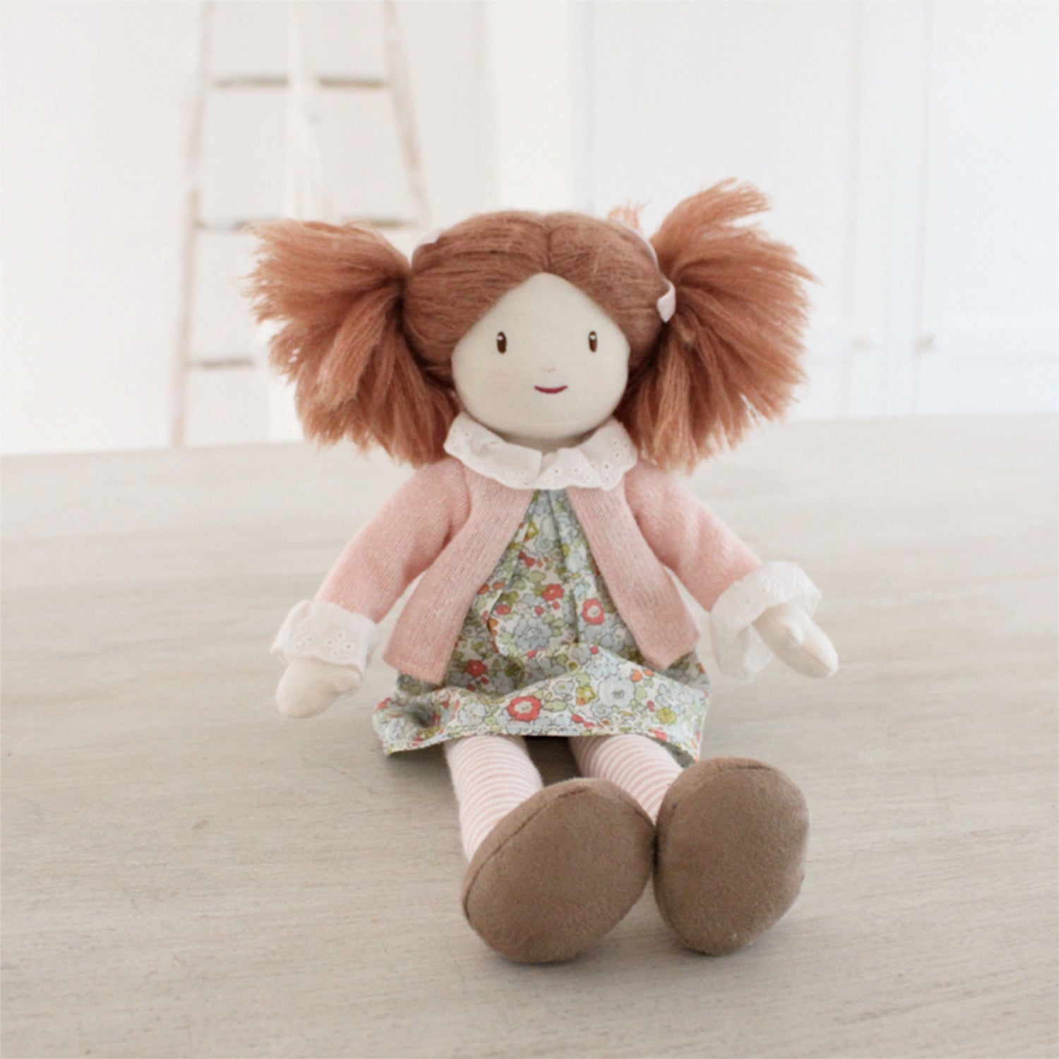 Threadbear Plush Rag doll with brown. ginger hair, floral dress and pink cardigan
