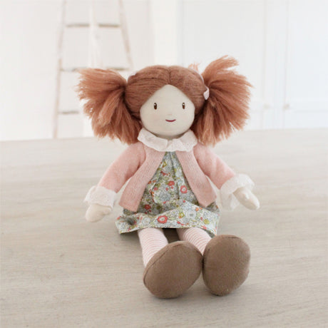 Threadbear Plush Rag doll with brown. ginger hair, floral dress and pink cardigan