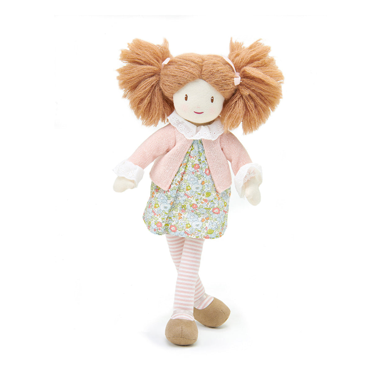 Threadbear Plush Rag doll with brown. ginger hair, floral dress and pink cardigan