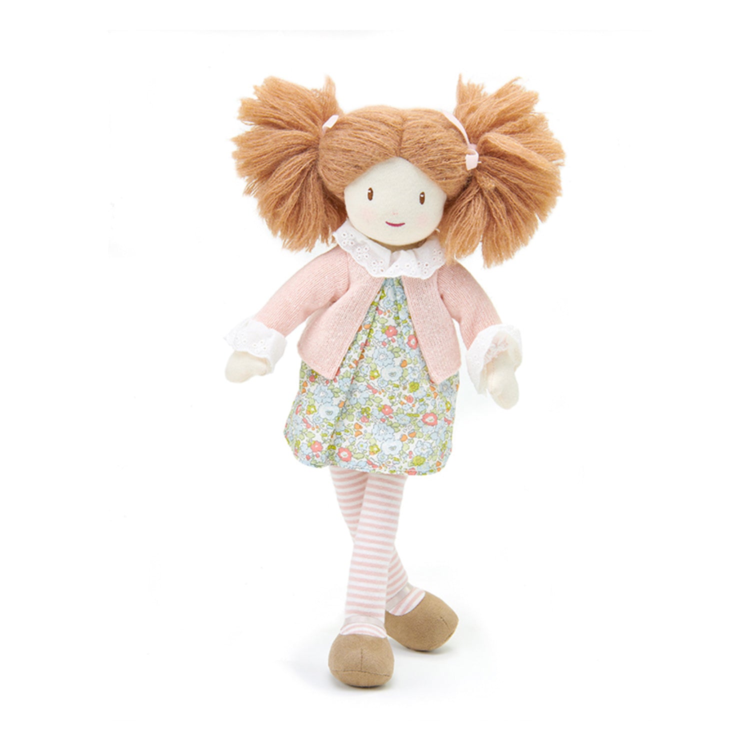 Threadbear Plush Rag doll with brown. ginger hair, floral dress and pink cardigan