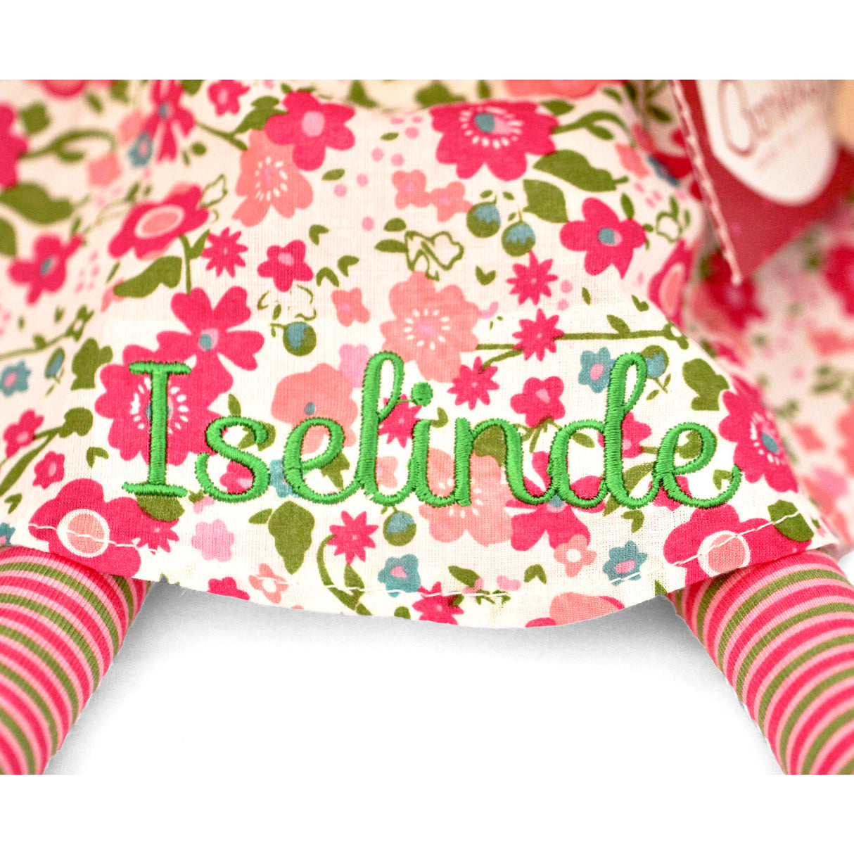 Personalised embroidered name on a floral doll dress