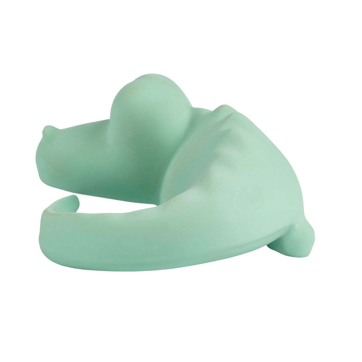 Light green rubber crocodile teether bath toy on a white background