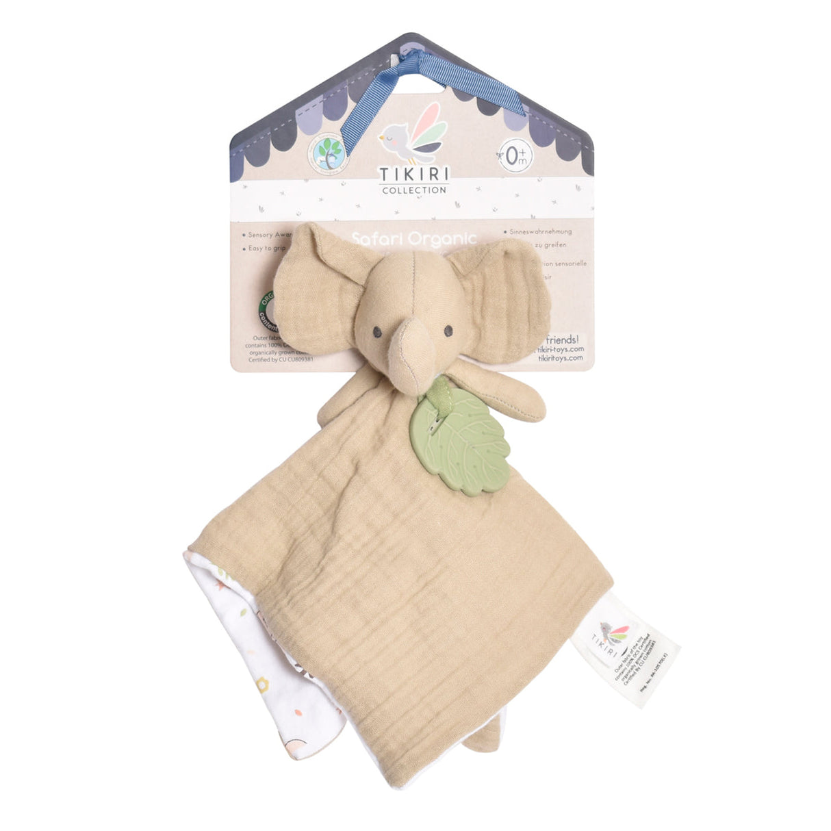 Organic Baby muslin comforter with attached elephant head and green leaf teether