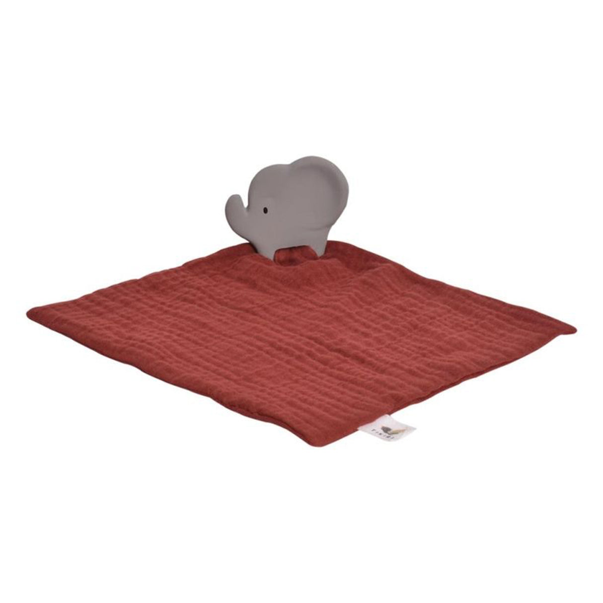 Rust red soft comforter with a grey elephant teether toy