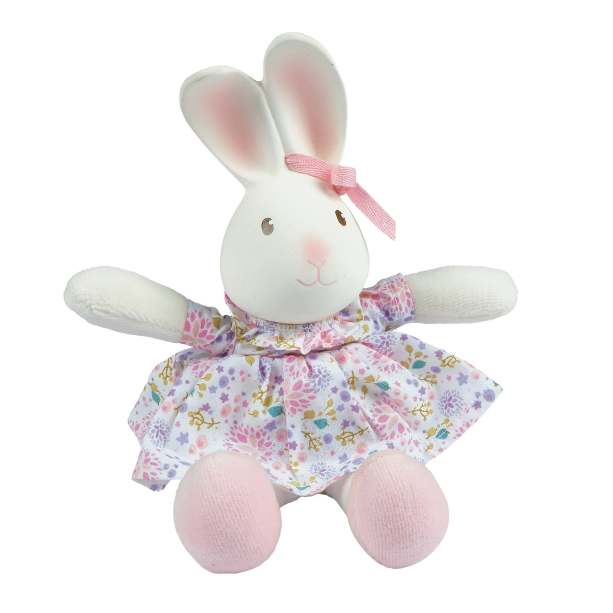 Stuffed rubber bunny toy with a floral dress on a white background