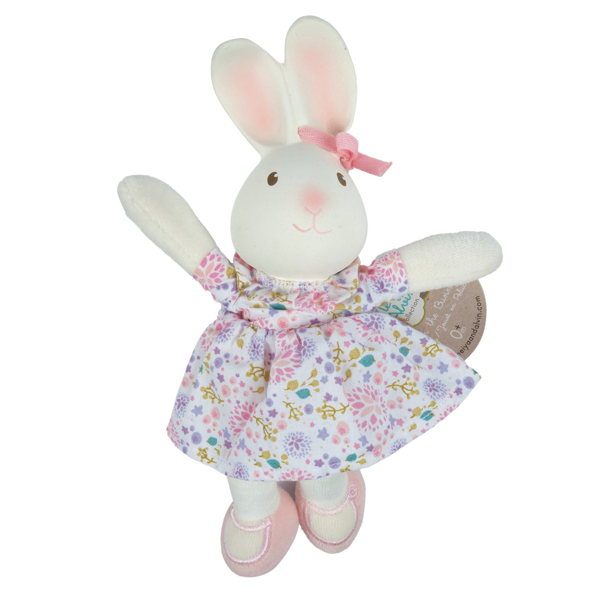 Plush teether rubber rabbit toy with a floral dress on a white background