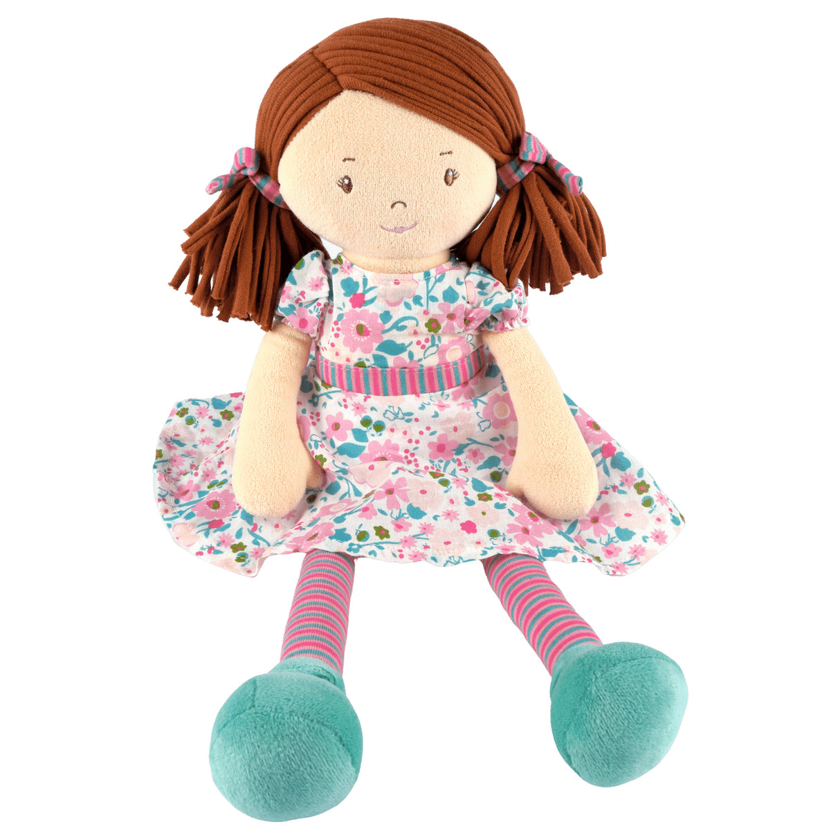 Soft rag doll with brown hair with pigtails wearing a floral pink and turquoise dress, stripey tights and turquoise shoes
