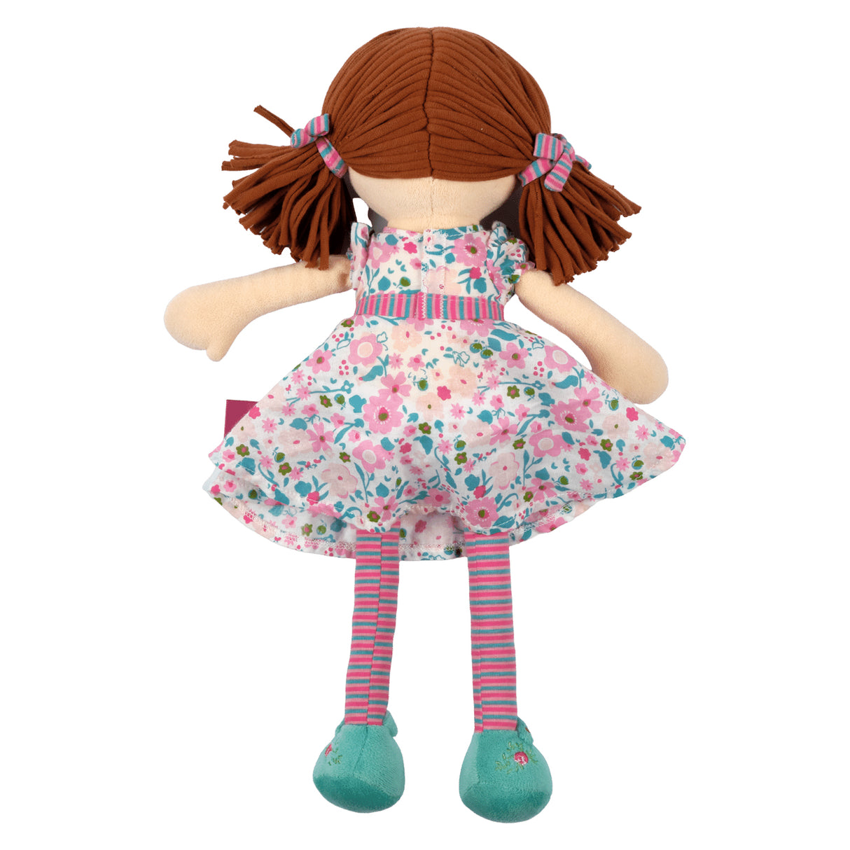 Soft rag doll with brown hair with pigtails wearing a floral pink and turquoise dress, stripey tights and turquoise shoes from the back