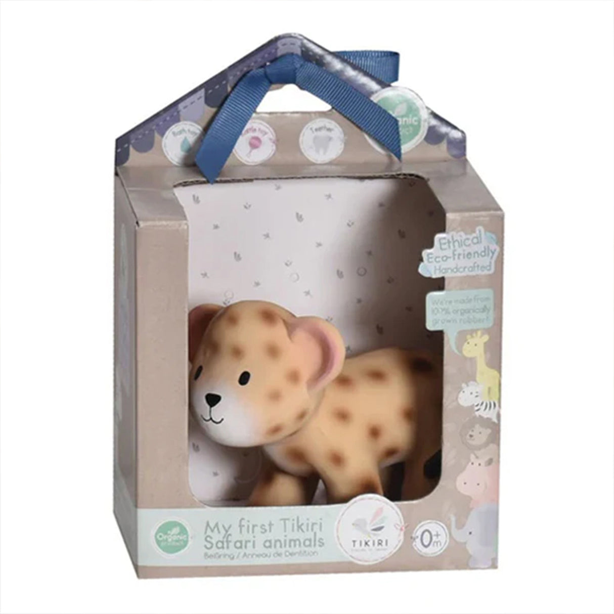 A leopard-patterned baby rubber toy inside a beige and blue box, labeled as Tikiri's First Tikiri Satari Animals.
