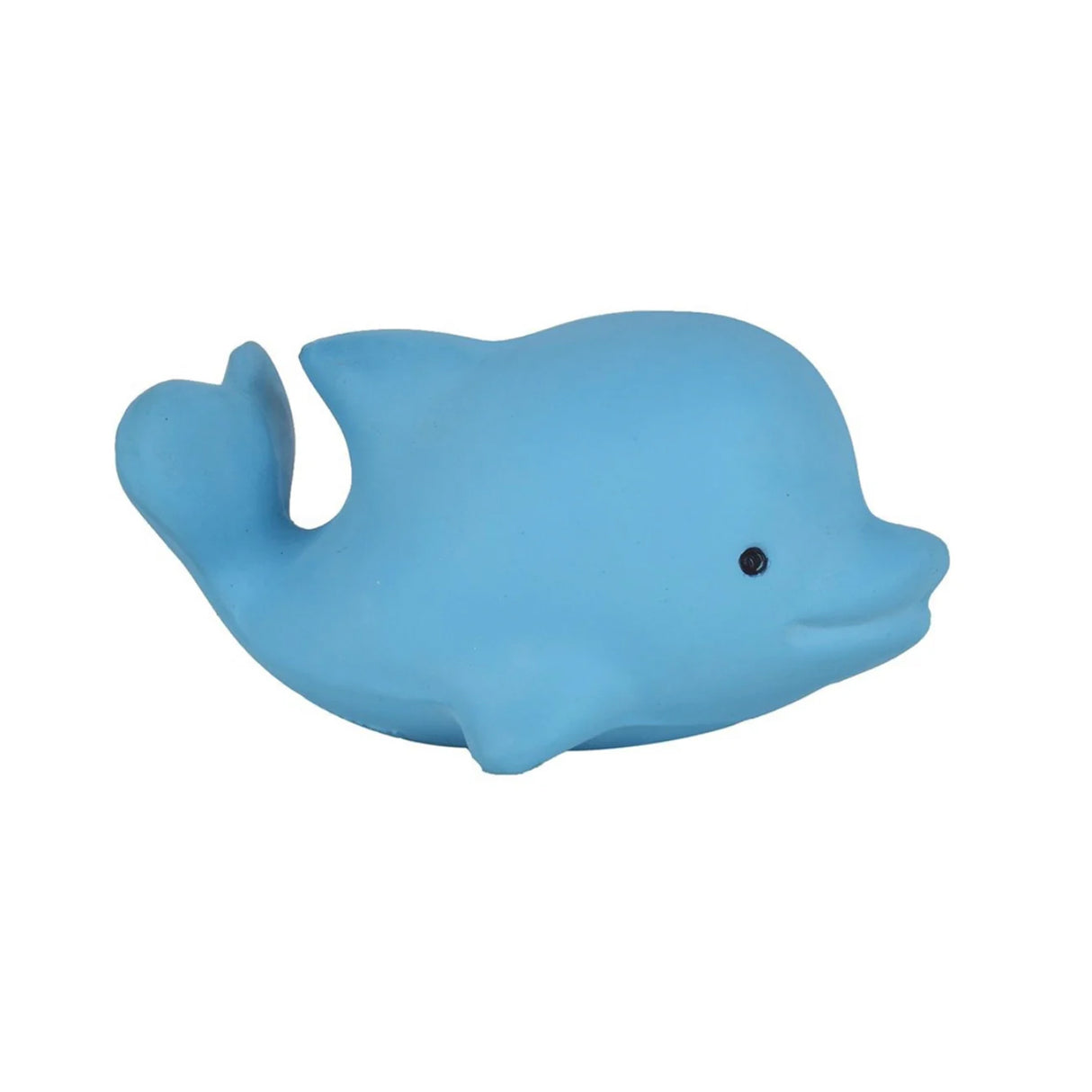 Blue dolphjn rubber teether bath rattle on a white background