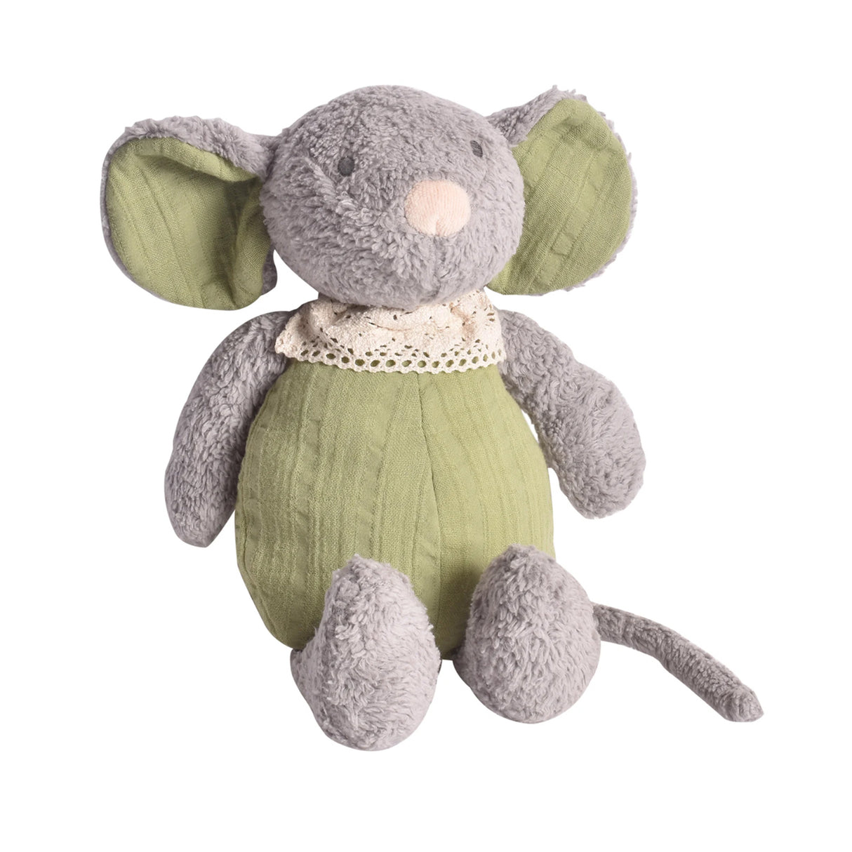 Organic soft toy mouse with grey fur and green ears and tummy and lace necklace