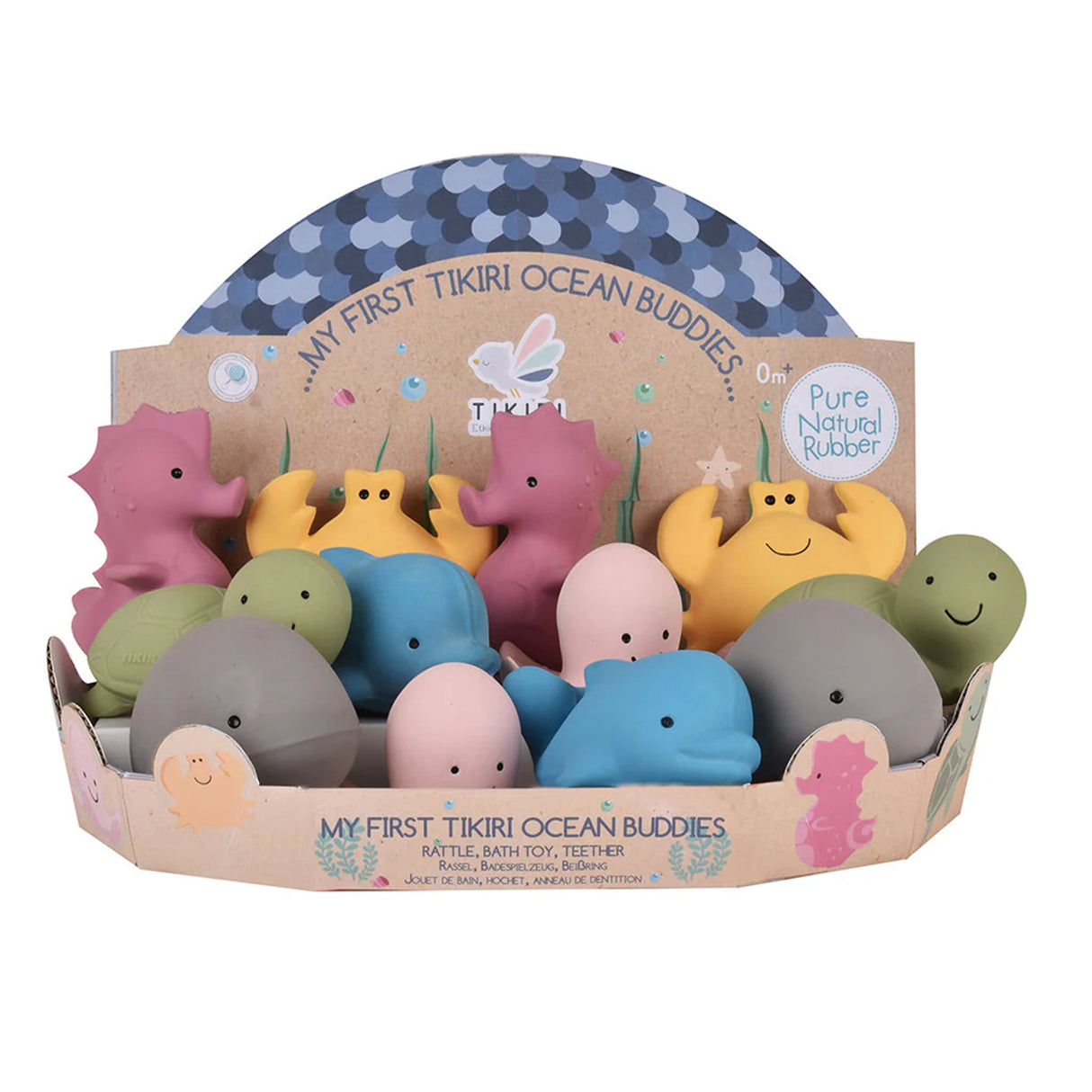 Set of colorful rubber toys in a TIKIURI packaging on a white background