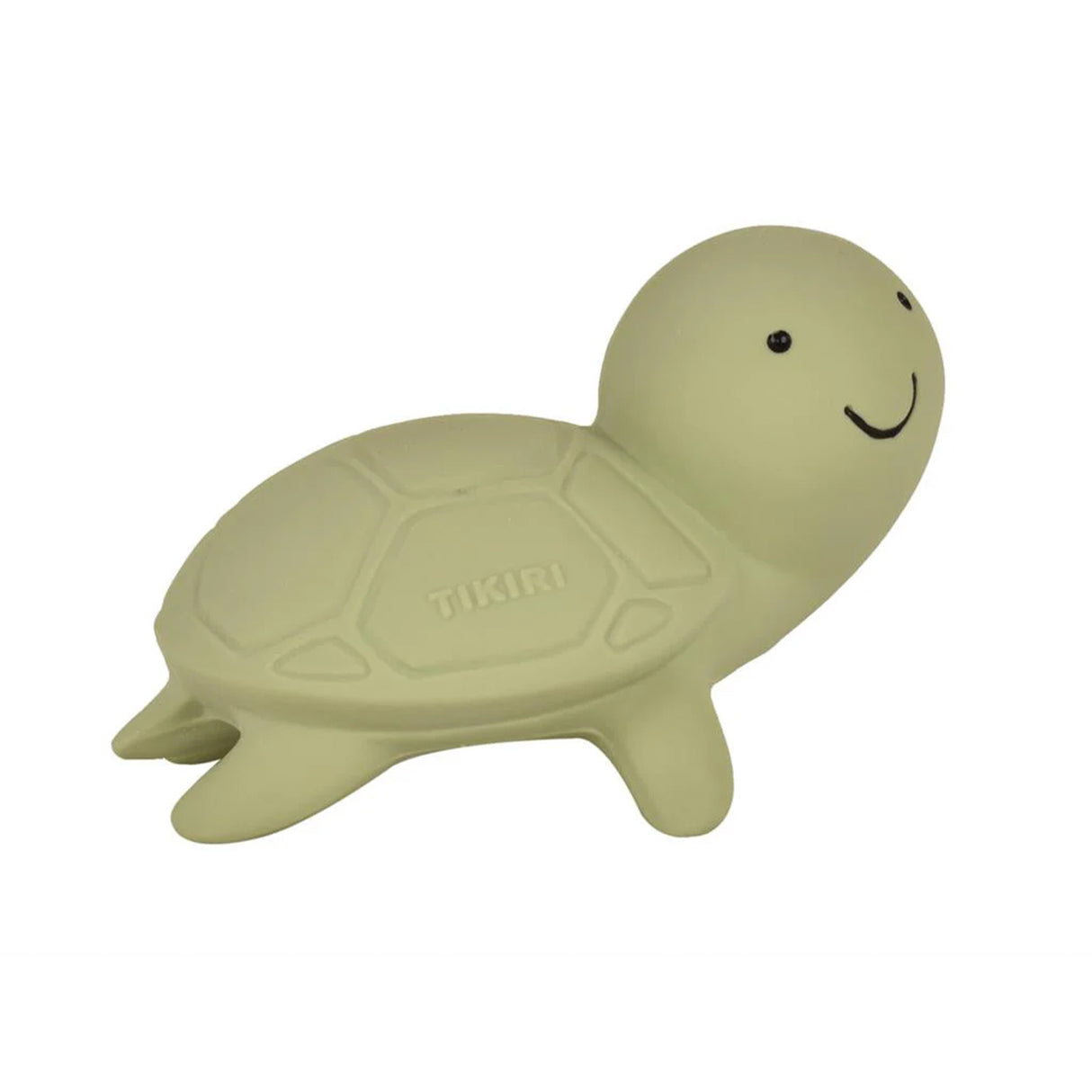 Green rubber turtle-shaped bath toy rattle with a smiley face on a white background