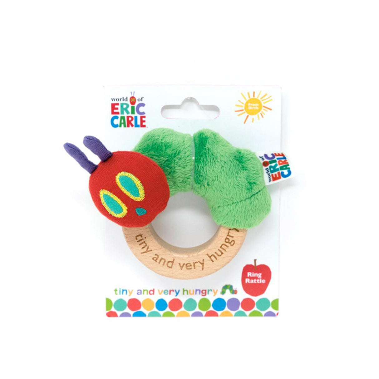Plush toy ring rattle with packaging featuring Eric Carle branding on a white background