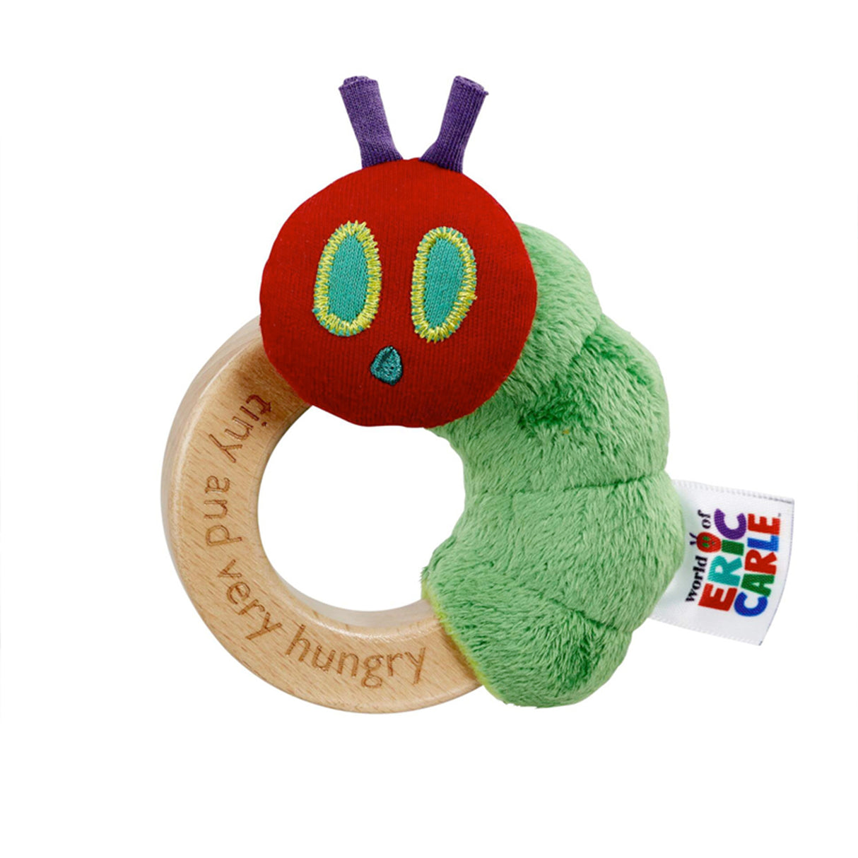 Plush toy with wooden ring and 'Very Hungry Caterpillar' branding on a white background