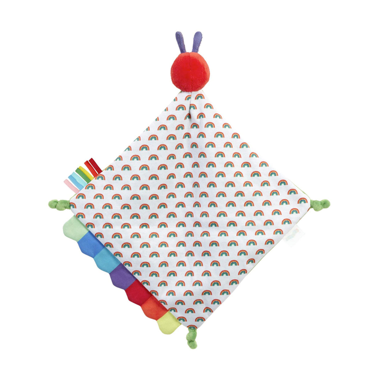 The Very Hungry caterpillar Green Baby comfort blanket with colorful rainbow edges and tags. Comes with packaging. rainbow pattern and colorful tassels.