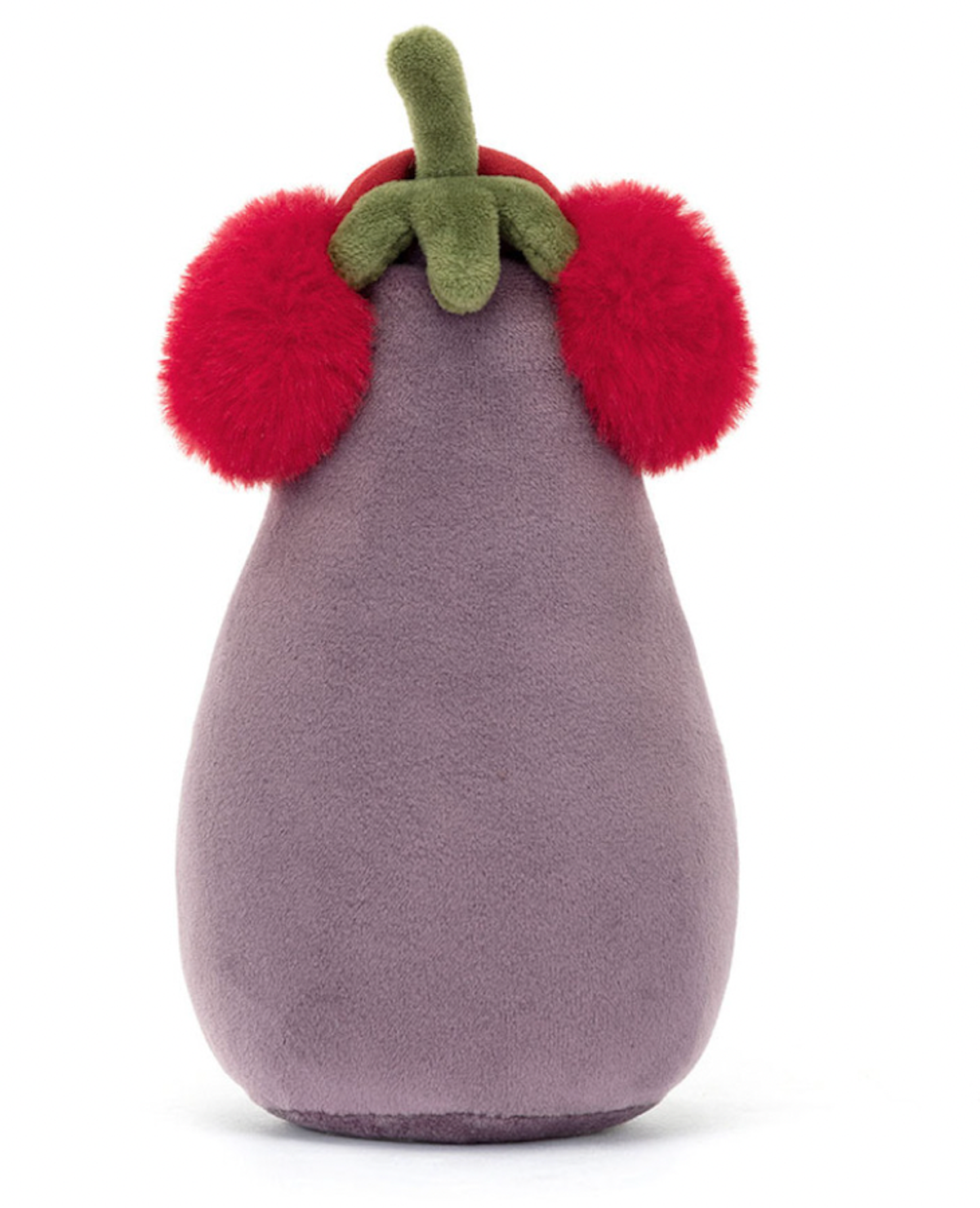 A plush toy resembling an aubergine, wearing fluffy red earmuffs with a green leaf on top, on a white background.