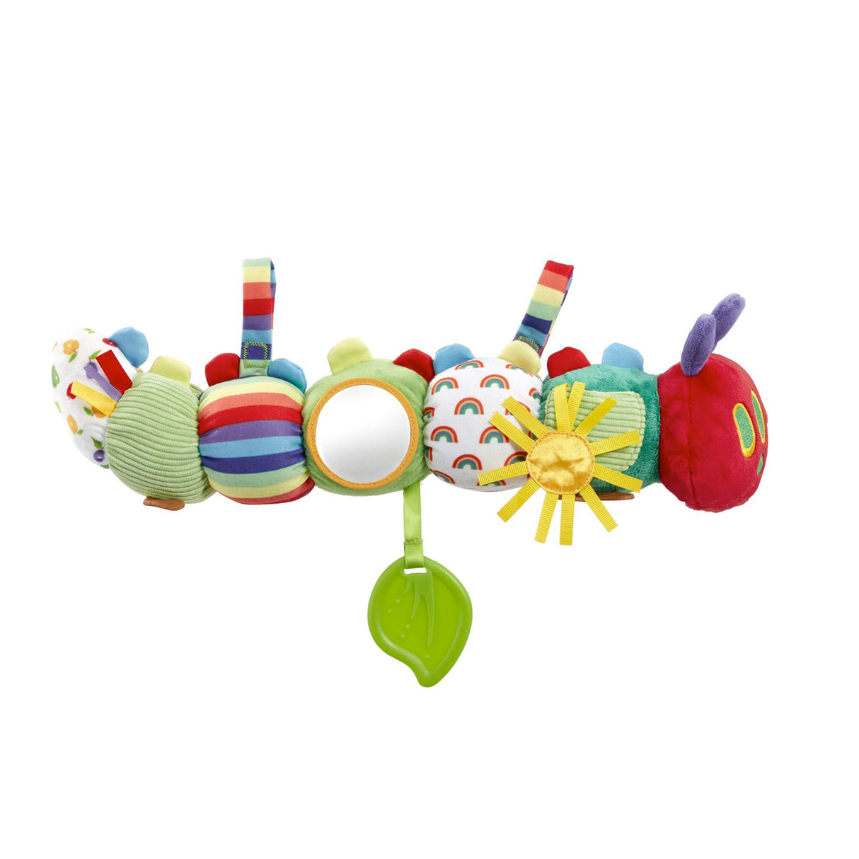 Colorful Very Hungry caterpillar shaped baby toy with various textures and mirrors on a white background
